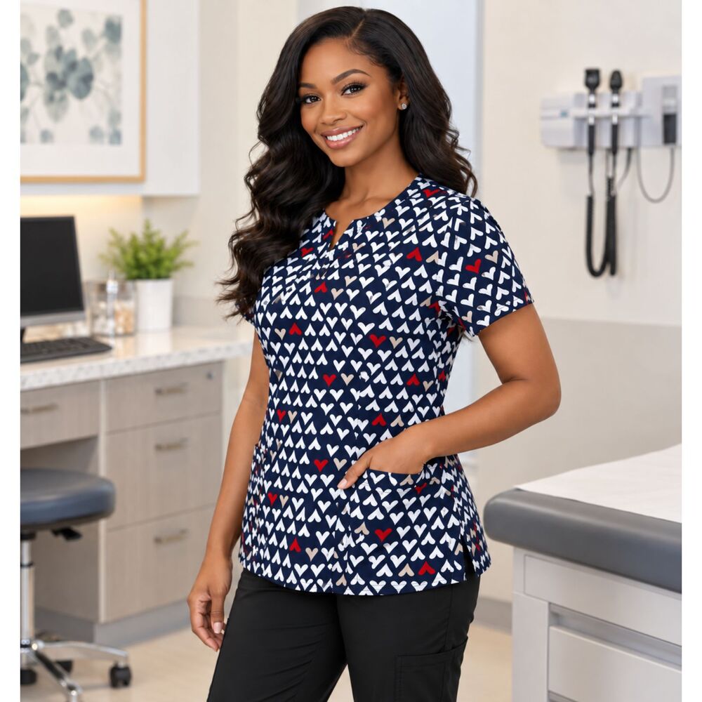 Beyond Scrubs Heart Print Scrub Top Women’s Small Navy Red White Valentine